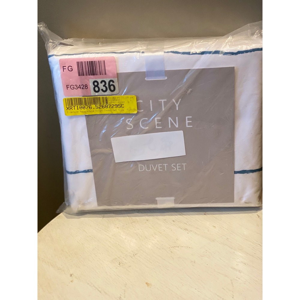City Scene Duvet Cover Set Full/Queen White Blue Stripe New